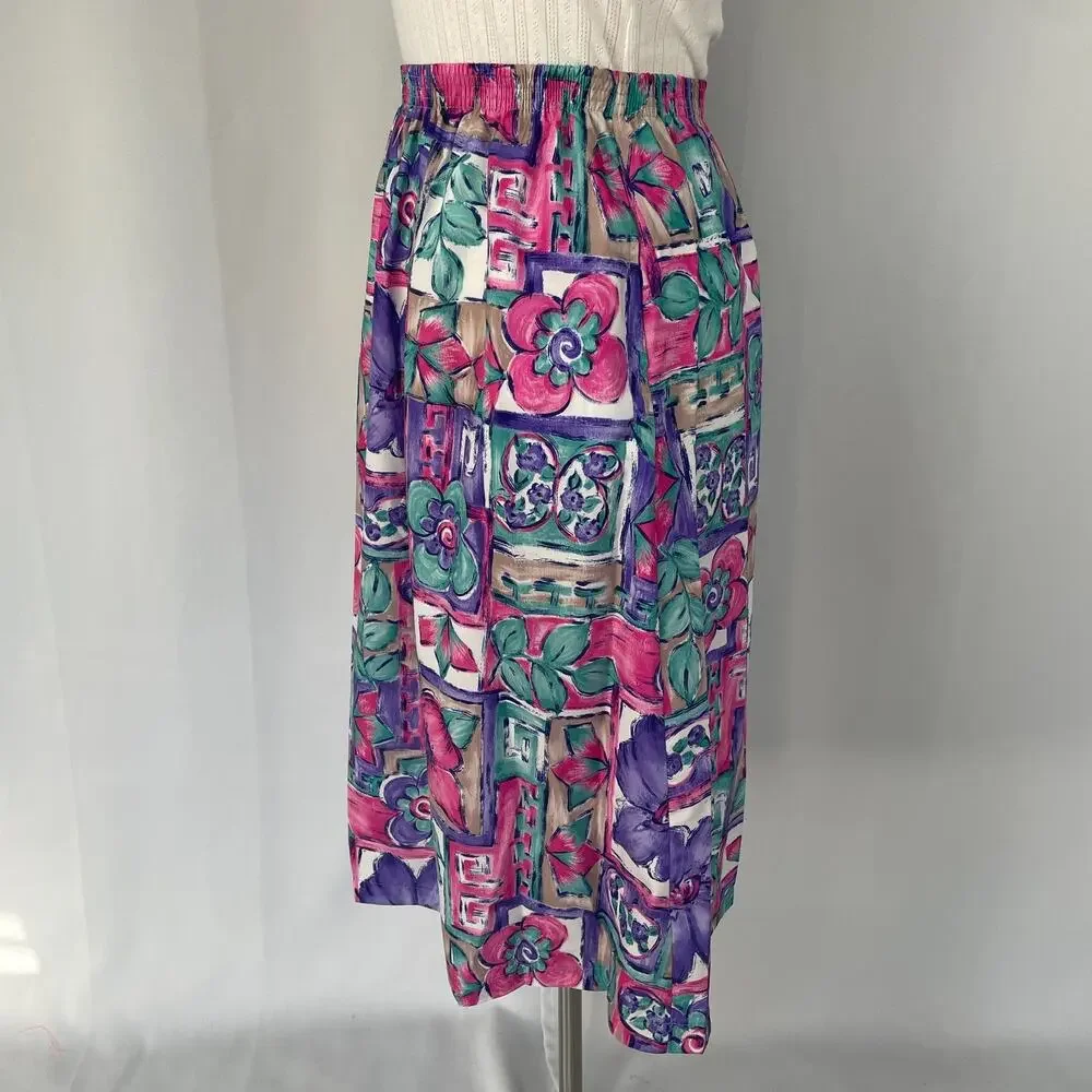 Vintage Midi Skirt Size Medium Pink Purple Floral Boho A Line Pull On Retro 90s